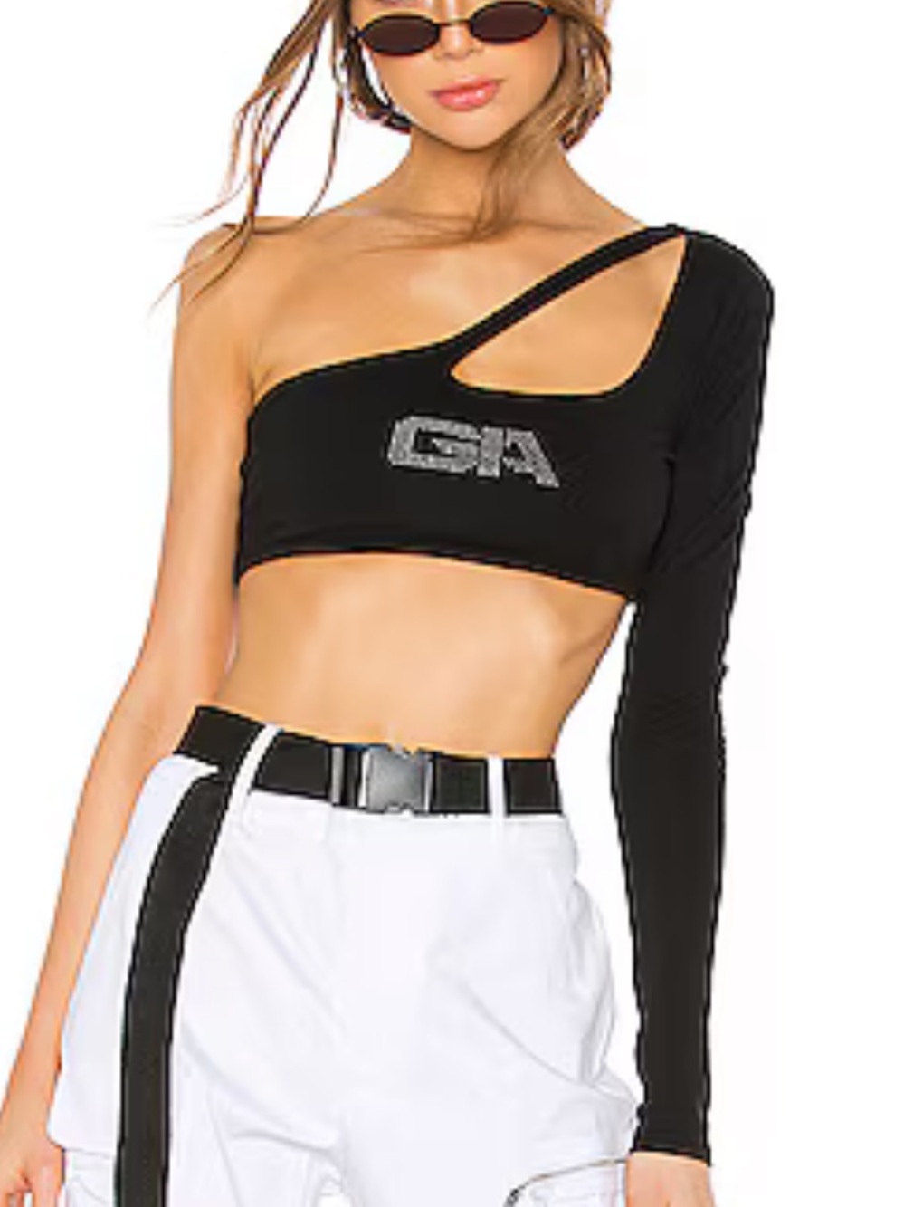 I.AM.GIA Black One-Shoulder Cutout Crop Top with Logo